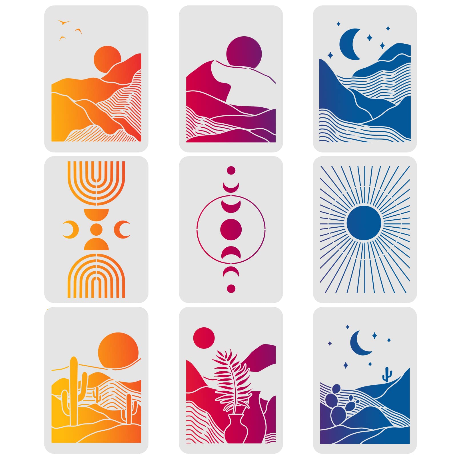 FINGERINSPIRE 9PCS Sun and Moon Reusable Stencils Boho Sunrise Themes PlasticTemplates, 29.7x21cm, Desert Stencil for Painting on Wood Canvas Paper Home Decoration