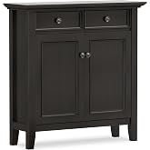 SIMPLIHOME Amherst 36" Wide Storage Cabinet in Hickory Brown | Transitional-style entryway cabinet with drawers and adjustable shelves for organized entryway or living room storage.