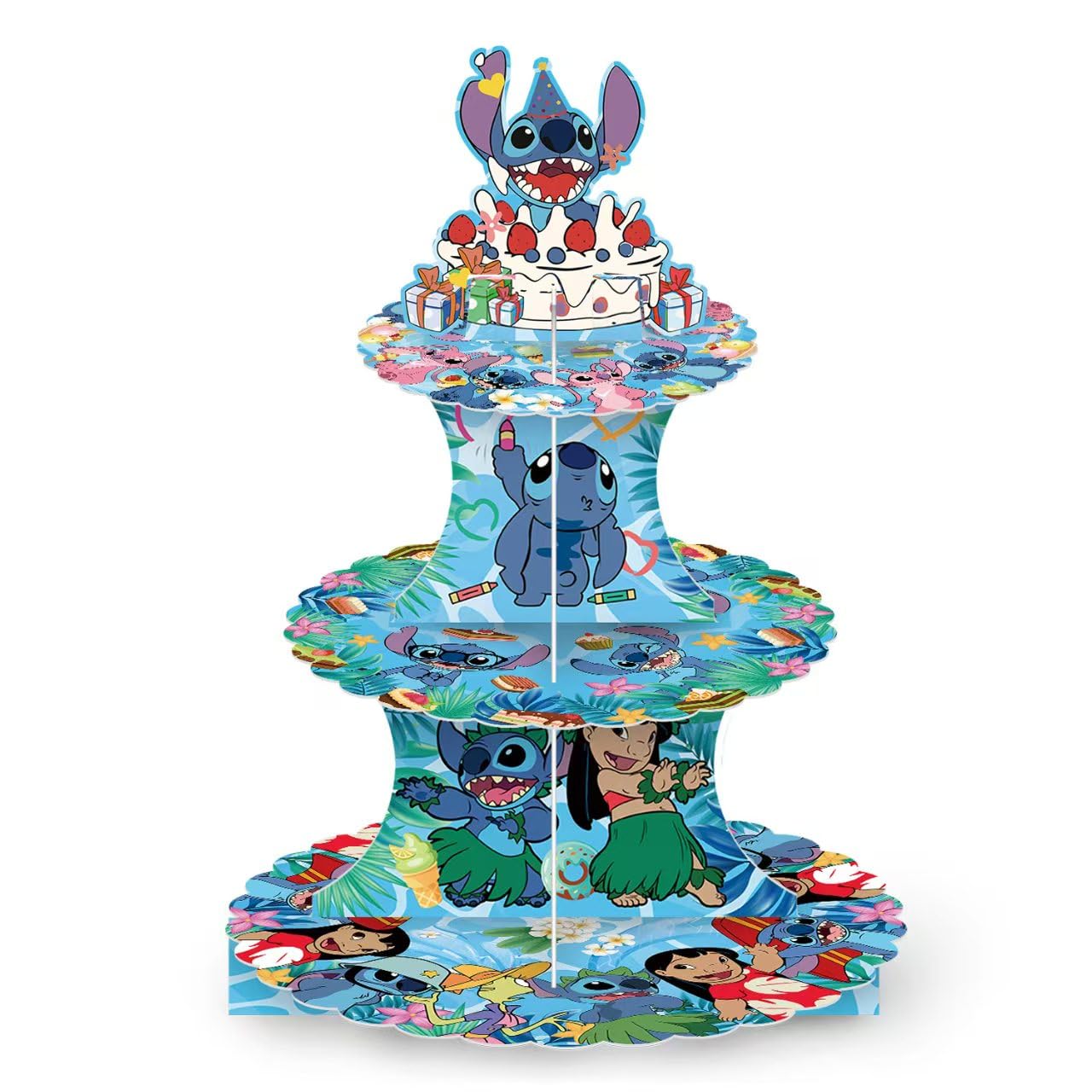 Photo 1 of Stitch Themed Party Supplies and Decorations, a Three-Tiered Cupcake Stand, a Display Stand for Birthday Desserts and Cakes, which is Suitable for Cute-Style Birthday Decorations.
