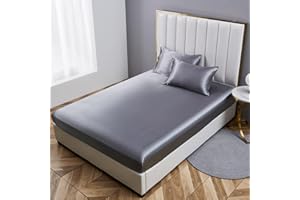 YASMENG Dark Grey Queen Satin Fitted Sheets Only, 1 Pack Cooling Smooth Imitated Silk Double Bottom Fitted Sheet with Elastic