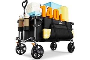 Uyittour 140L Collapsible Wagon Cart Foldable, Folding Utility Grocery Cart with Side Pocket and Brakes for Shopping, Sports, Camping and Garden, Black