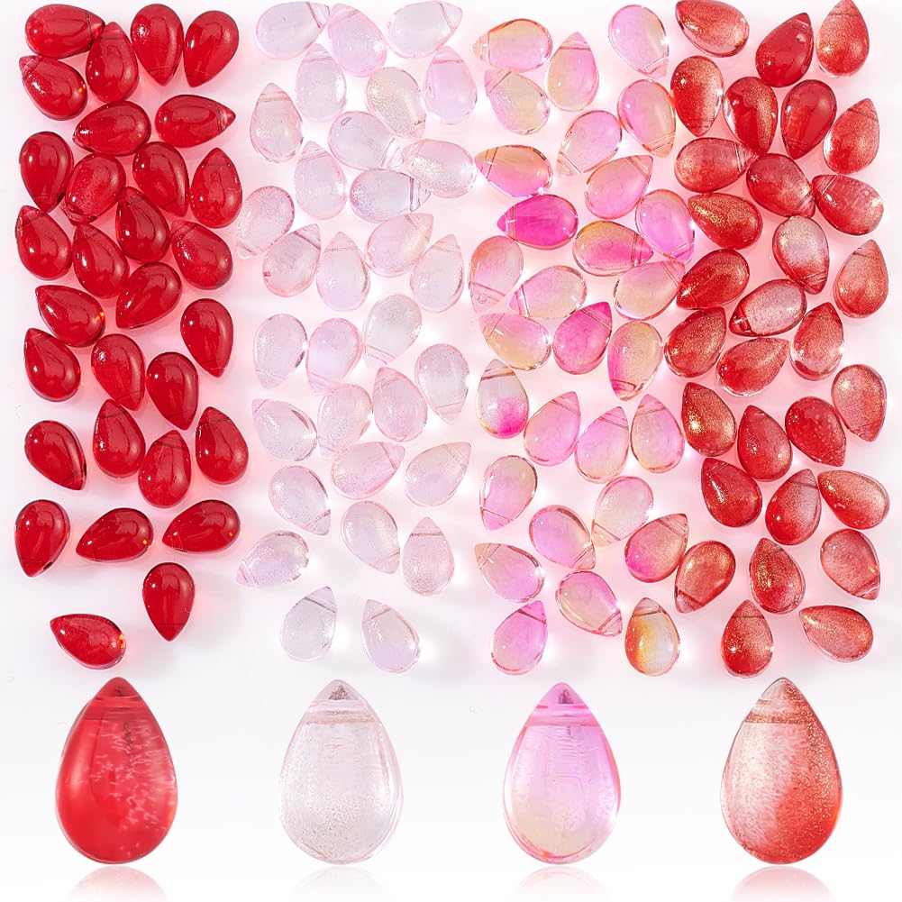 AHANDMAKER 120Pcs Teardrop Czech Glass Beads, 4 Colors Transparent Crystal Beads with Gold Glitter Waterdrop Pendants for DIY Jewelry Making, Red&Orange — image 1