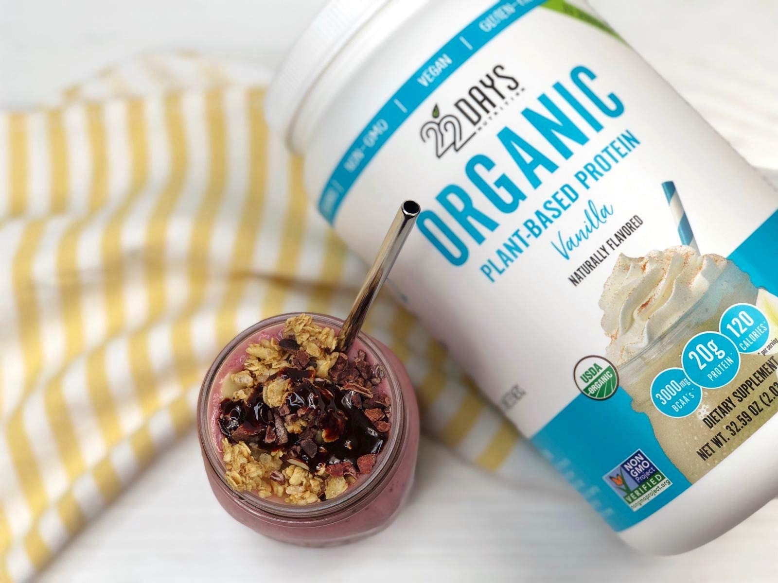 22 Days Nutrition Organic Protein Powder, Vanilla, 32.59 Ounce Gluten