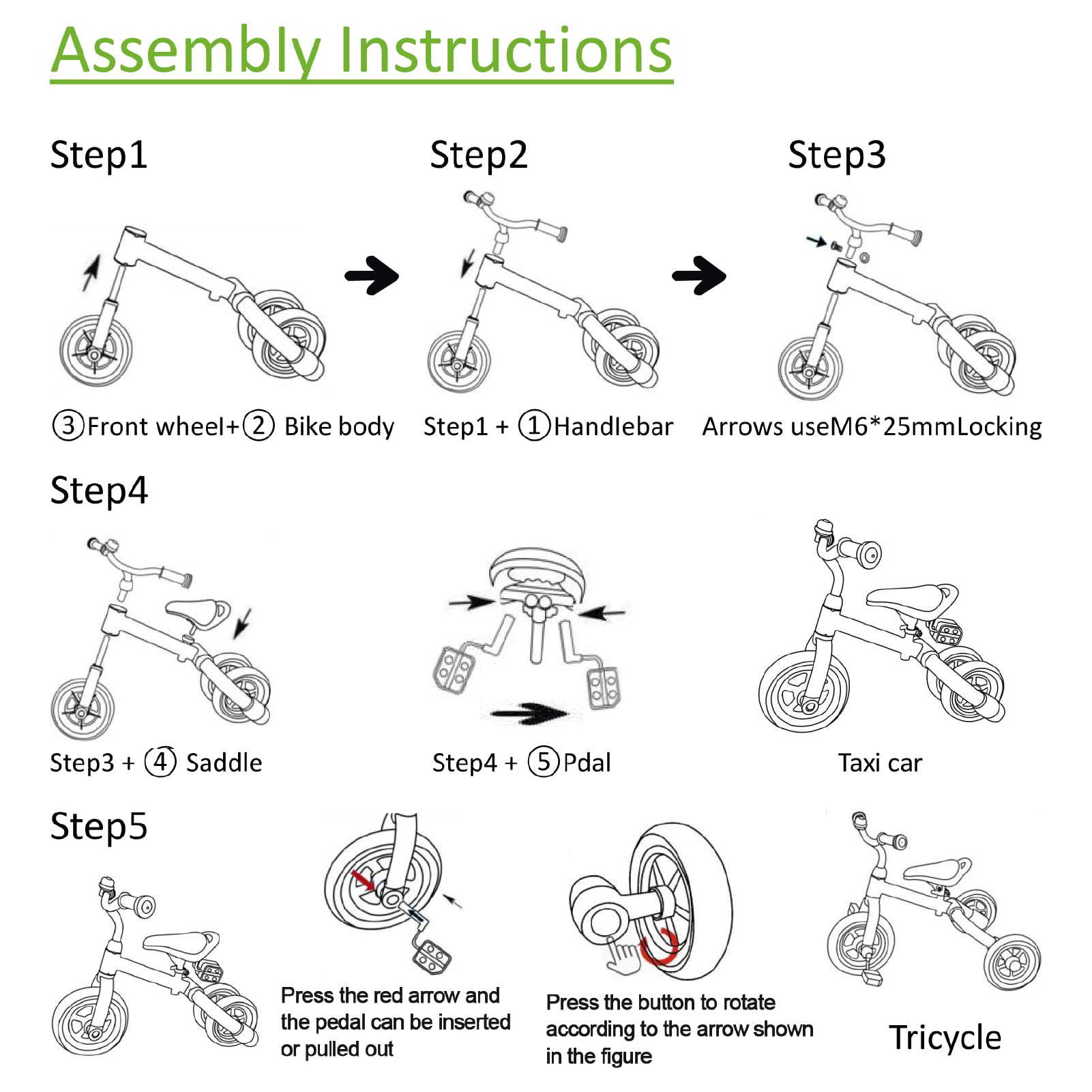 Ancaixin 3 in 1 Toddler Tricycles for 2-5 Years Old Boys and Girls with Adjustable Seat Detachable Pedal and Bell, Foldable Baby Balance Bike Riding Toys for Kids, Child Birthday Gift Green