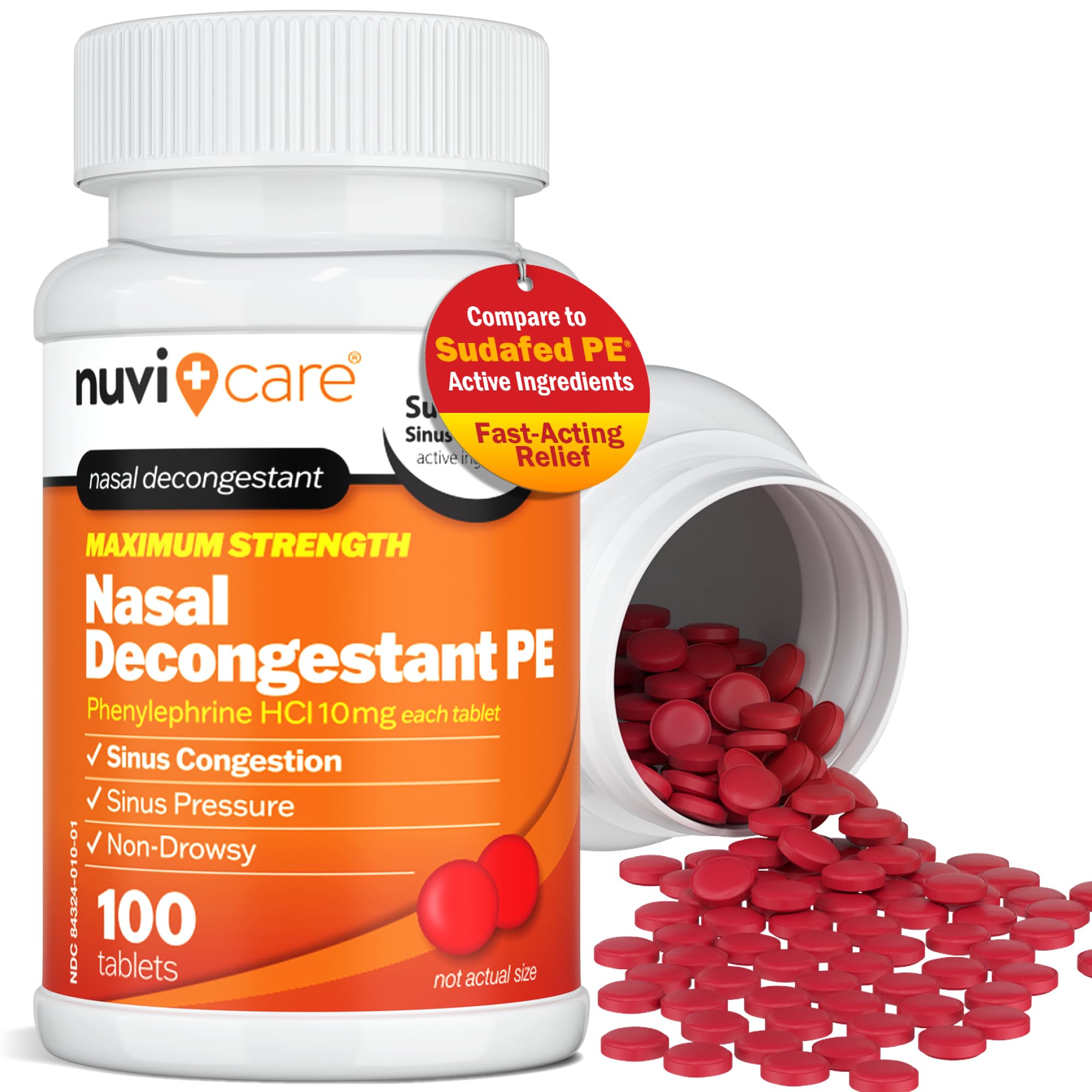 Max Strength PE Phenylephrine HCl 10mg Non Drowsy Nasal Decongestant - Allergy Sinus Congestion Relief Compare to Sudafed PE Decongestant Tablets - Sinus Decongestants for Adults (100 Count)