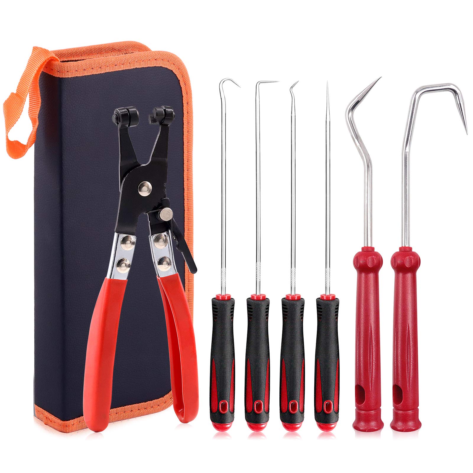 Rustark 7 Pcs Hose Clamp Pliers Set Including Flat-Band Hose Clamps Pliers and 6 Pcs Hose Removal Hooks, Auto Repair Tool, Perfect for Hose Removal and Installations of Low Radiators