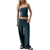 ZIZERY Womens 2 Piece Sets Cute Strapless Tube Tops Striped Wide Leg Pants Comfort Lounge Set Beach Vacation Outfits(Blue1,M)