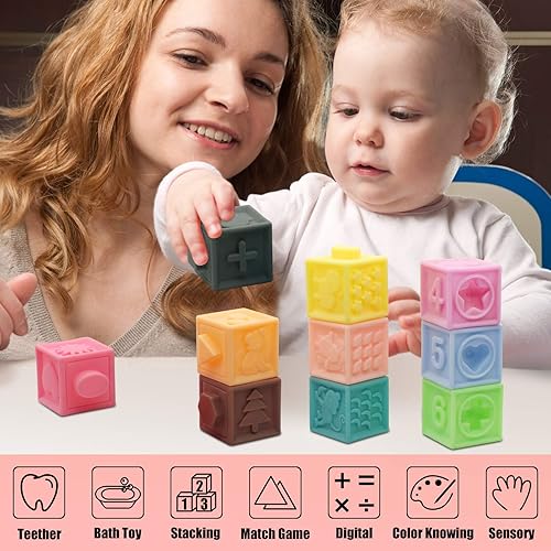 MARUMINE 12PCS Soft Baby Blocks, Material Chewing Teether Toys