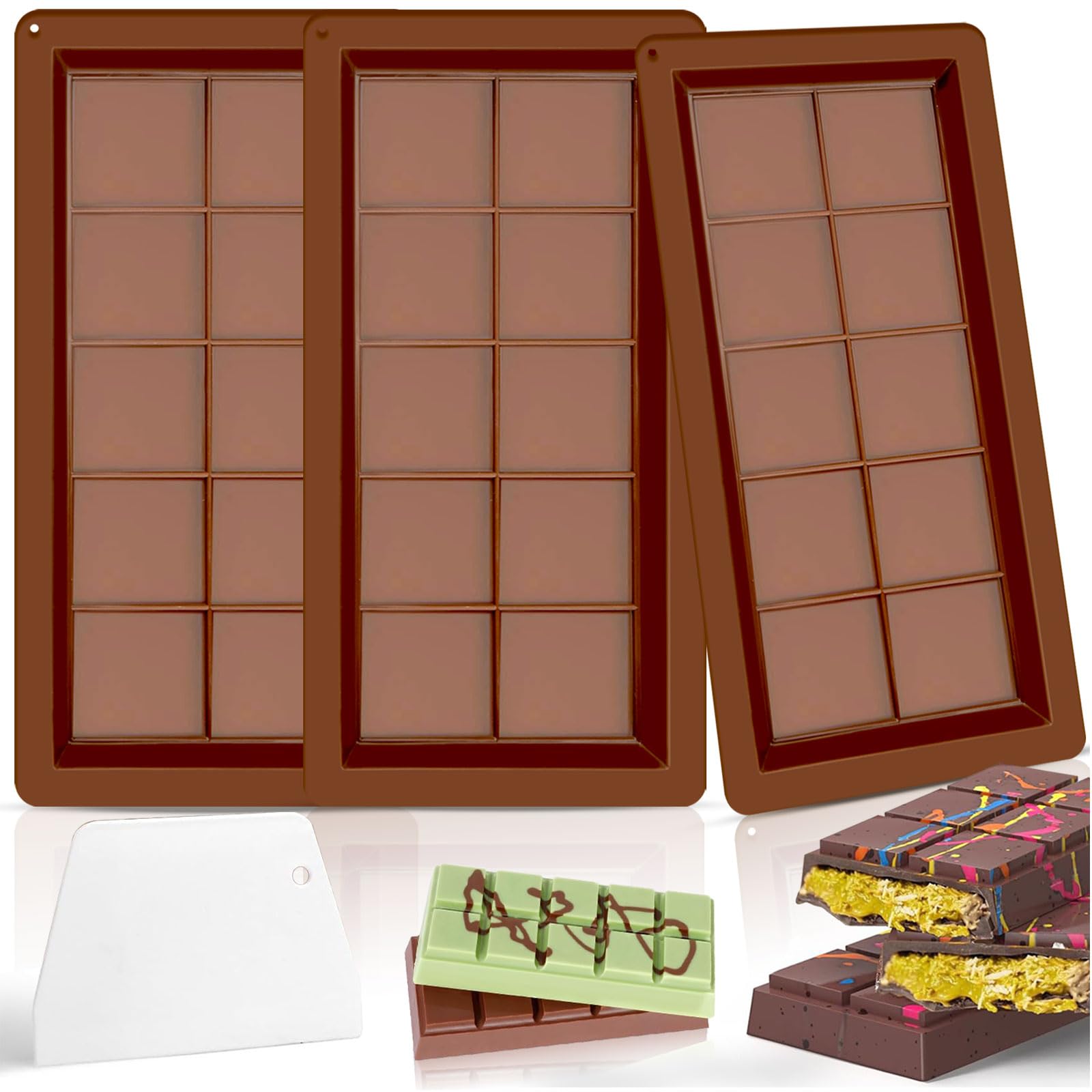 KutaKuta 3PCS Deep Chocolate Bar Moulds, 10 Cavity Reusable Deep Silicone Chocolate Bar Sweet Moulds, Deep Silicone Candy Bar Molds for Stuffed Bar, Thick Chocolate Bar Molds Tea Spoon