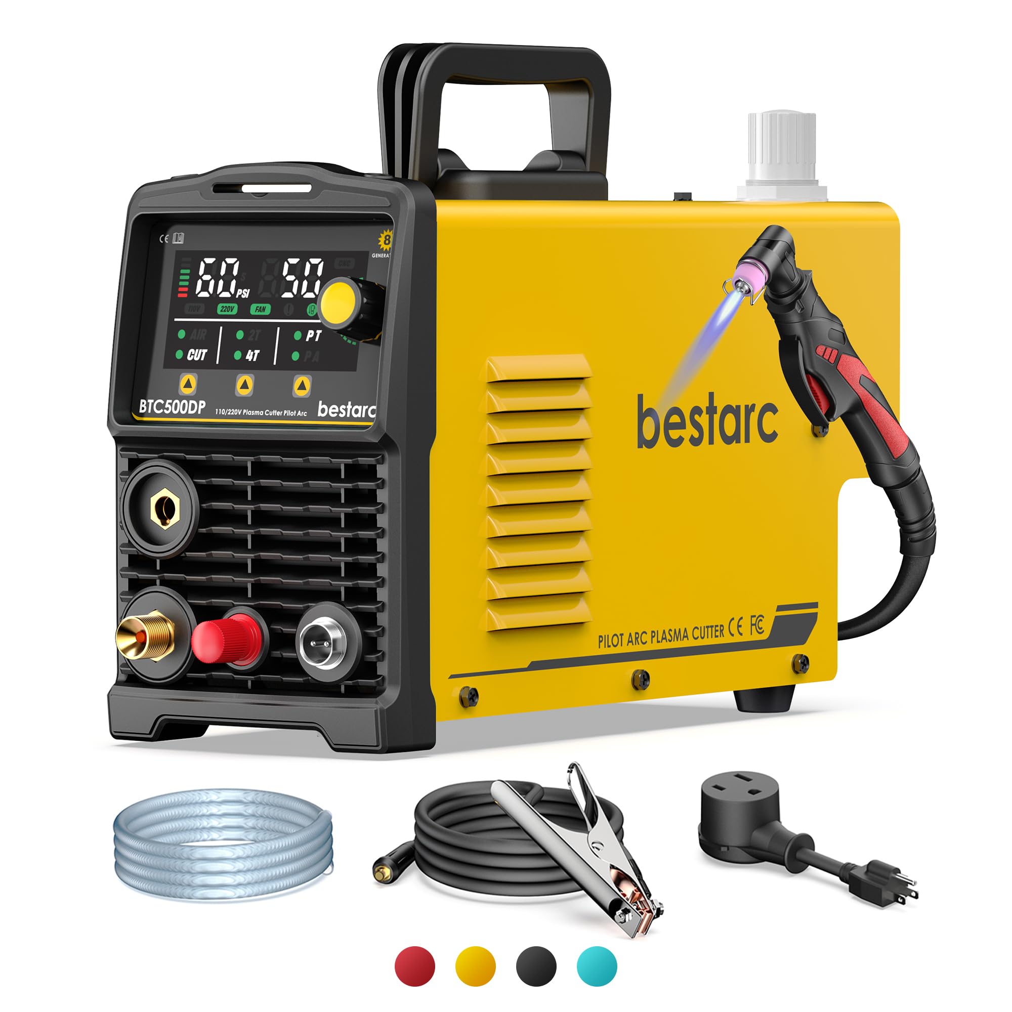 bestarc Pilot Arc Plasma Cutter, [LED Display][Air Sensor] 50A Plasma Cutter Machine 110/220V Dual Voltage, 1/2'' Clean Cut 3/4 Inch Max Cut, Post Flow Mesh, 2T/4T for Beginners DIY, Yellow Image
