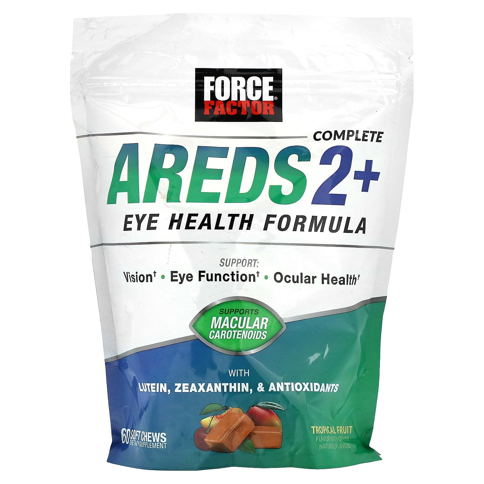 Photo 1 of   exp jul/28/2025    FORCE FACTOR AREDS2+ Eye Vitamins with Lutein & Zeaxanthin, AREDS 2 Formula to Support Macular Carotenoids, Eye Health Supplements for Adults to Support Vision, Tropical Punch Flavor, 60 Soft Chews