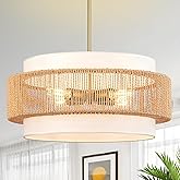 Boho Rattan Chandelier, 19.7" Large Boho Pendant Light with Fabric Lampshade, 4-Light Rattan Light Fixture Ceiling Hanging fo