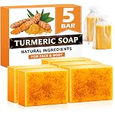 Treeroot 5 Pack 80g Turmeric Kojic Acid Soap Bar for Face and Body | Gentle Daily Cleansing Care with Retinol, Collagen, Vitamin C and Shea Butter, SLS Free Natural Skin Cleanser