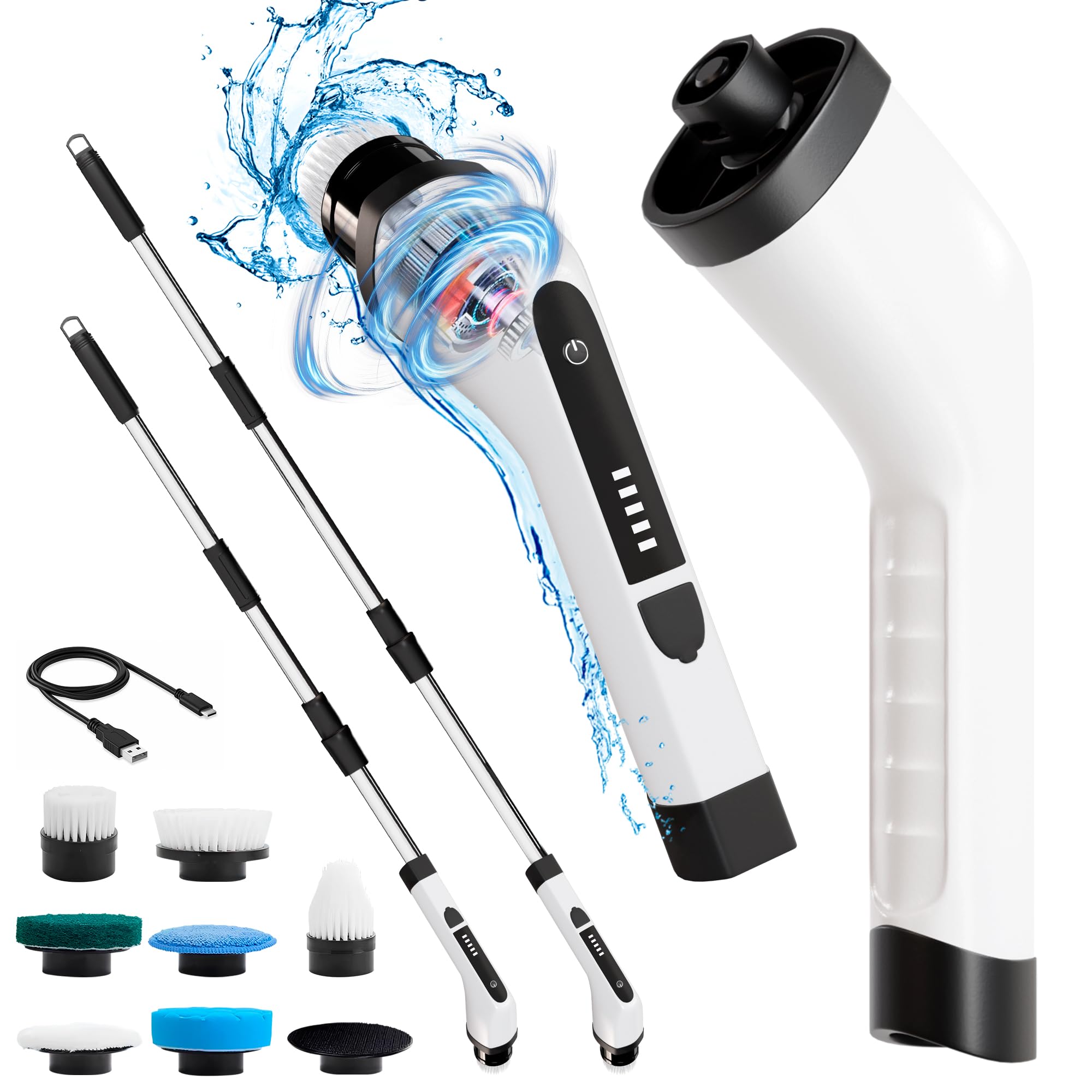 AMIFF Portable Electric Spin Scrubber for Cleaning Bathroom, Kitchen, Car, White 7-in-1 Electric Bathroom Scrubber with Long Handle, Powerful 2500 mAh Electric Shower Scrubber for Cleaning, Polishing