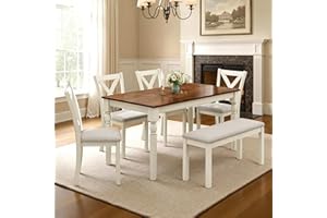 LUXOAK 6-Piece Solid Wood Dining Table Set, Upholstered Chair w/Bench Seat, Seating for 6,60'' Farmhouse Wood Kitchen Chairs Set for Living Room, Dining Room, Kitchen, Cream White