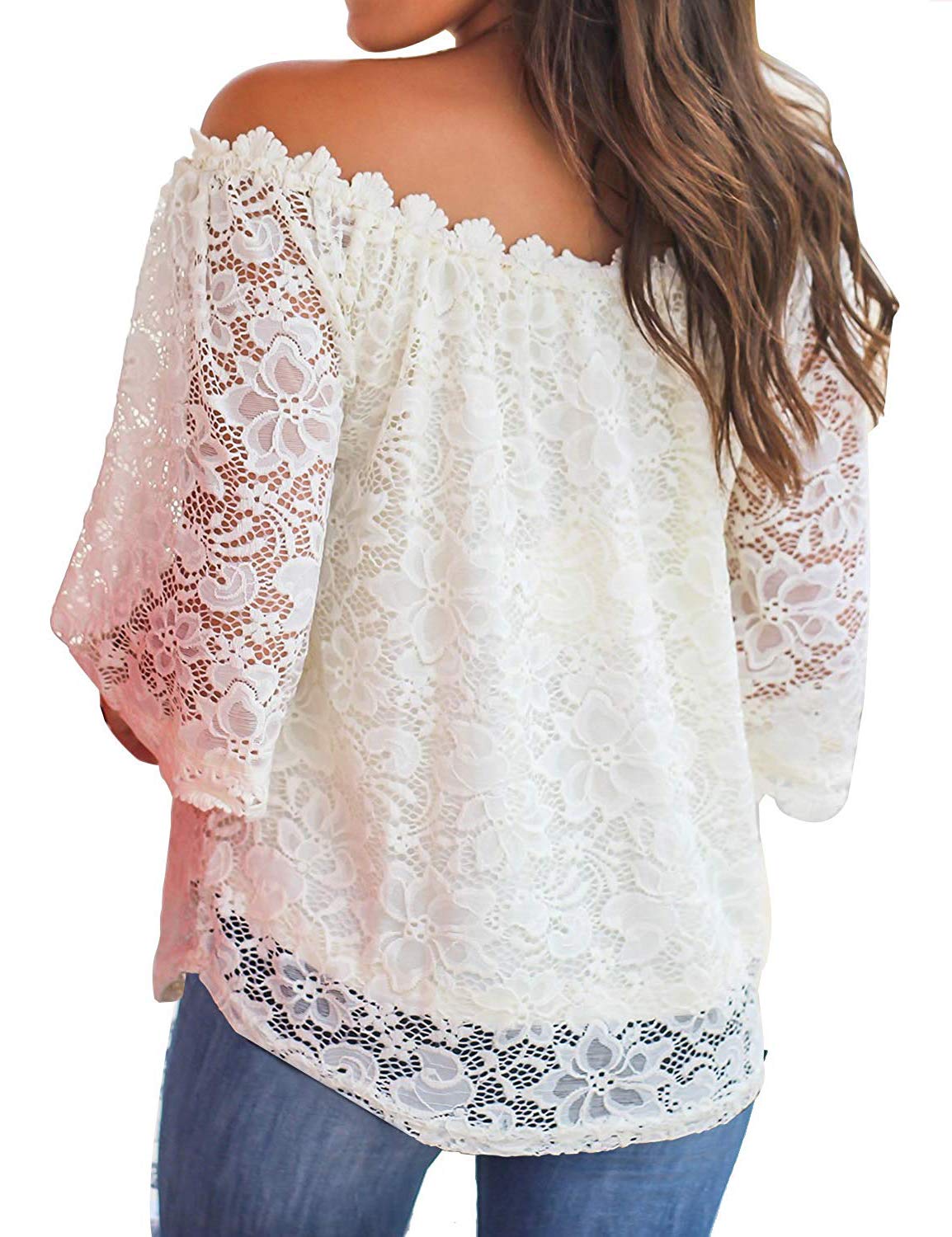Saslax Women\'s Sexy Floral Mesh Lace Off Shoulder Loose Casual Blouse Shirts White Small