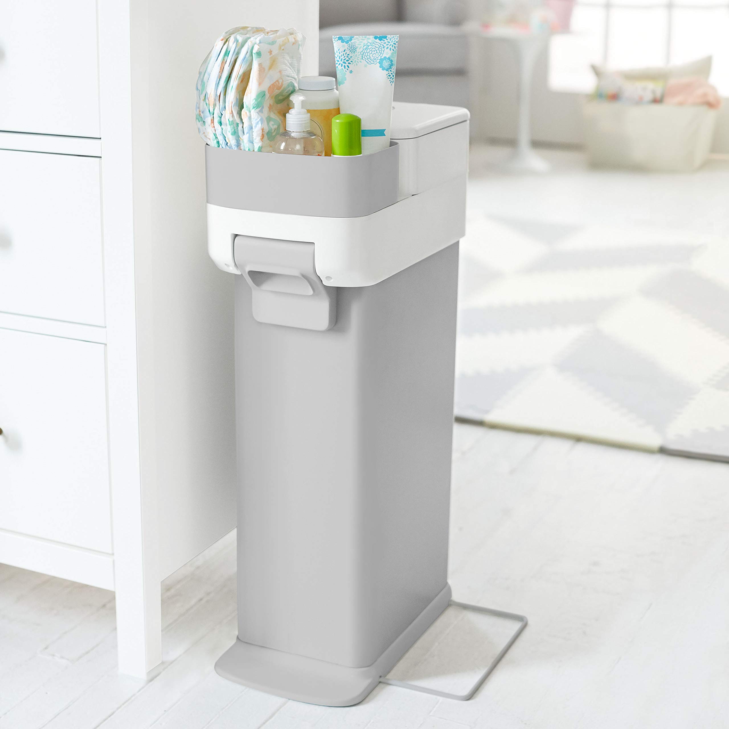 Skip Hop Diaper Pail with Dual Air-Lock, Premium Slim Design, Grey/White, Fits Standard Trash Bags