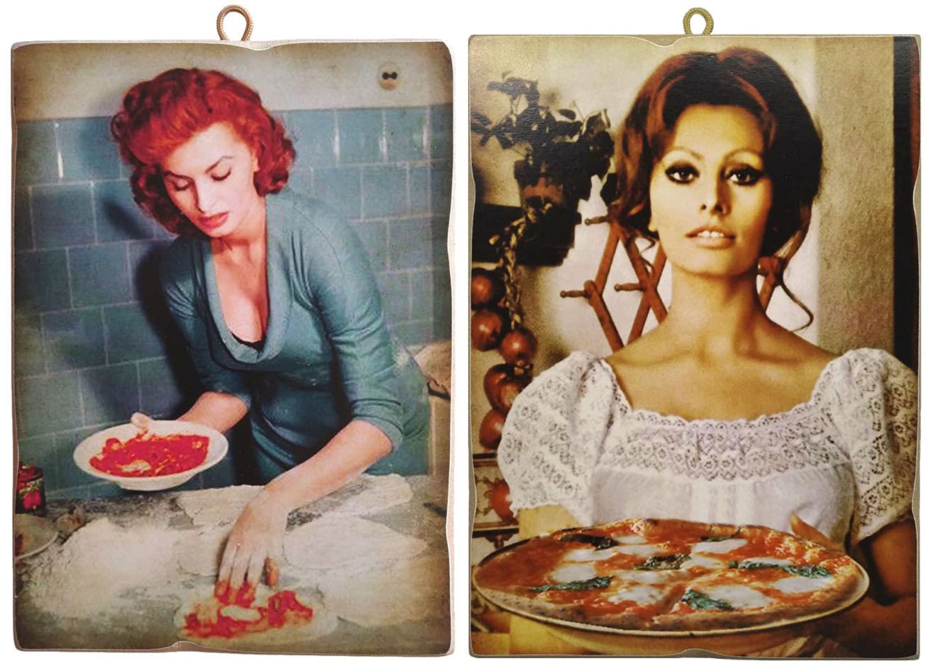 KUSTOM ART Set of 2 Vintage Style Paintings Famous Actors Sofia Loren "Prepares Pizza" Wood Print For Restaurant Pizzeria Bar Hotel Decor