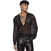 OYOANGLE Men's Solid Hollow Out See Through Party Clubwear Long Sleeve V Neck Shirt Top