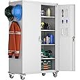 Aobabo Extra Large Garage Storage Cabinet on Wheels, Metal Storage Cabinet with 4 Shelves, 3 Pegboards and 2 Tool Pouches for Home Office Stash, Assembly Required, (White,43.3''W x 21.9''D x 72''H)