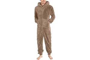 Lmdudan Men's Winter Zipper Hooded Fuzzy Romper Pajamas One Piece Fleece Pajama Jumpsuit Warm Comfy Loungewear with Pockets