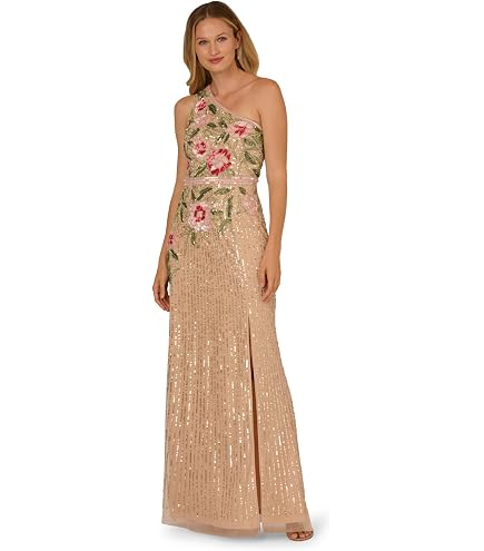 Adrianna Papell Strapless Beaded Mesh Dress, Taupe/Pink, 4 : Clothing, Shoes & Jewelry