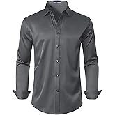 DEMEANOR Grey Button Up Shirt Men Long Sleeve Stretch Wrinkle Free Wedding Formal Business Dress Shirt XL