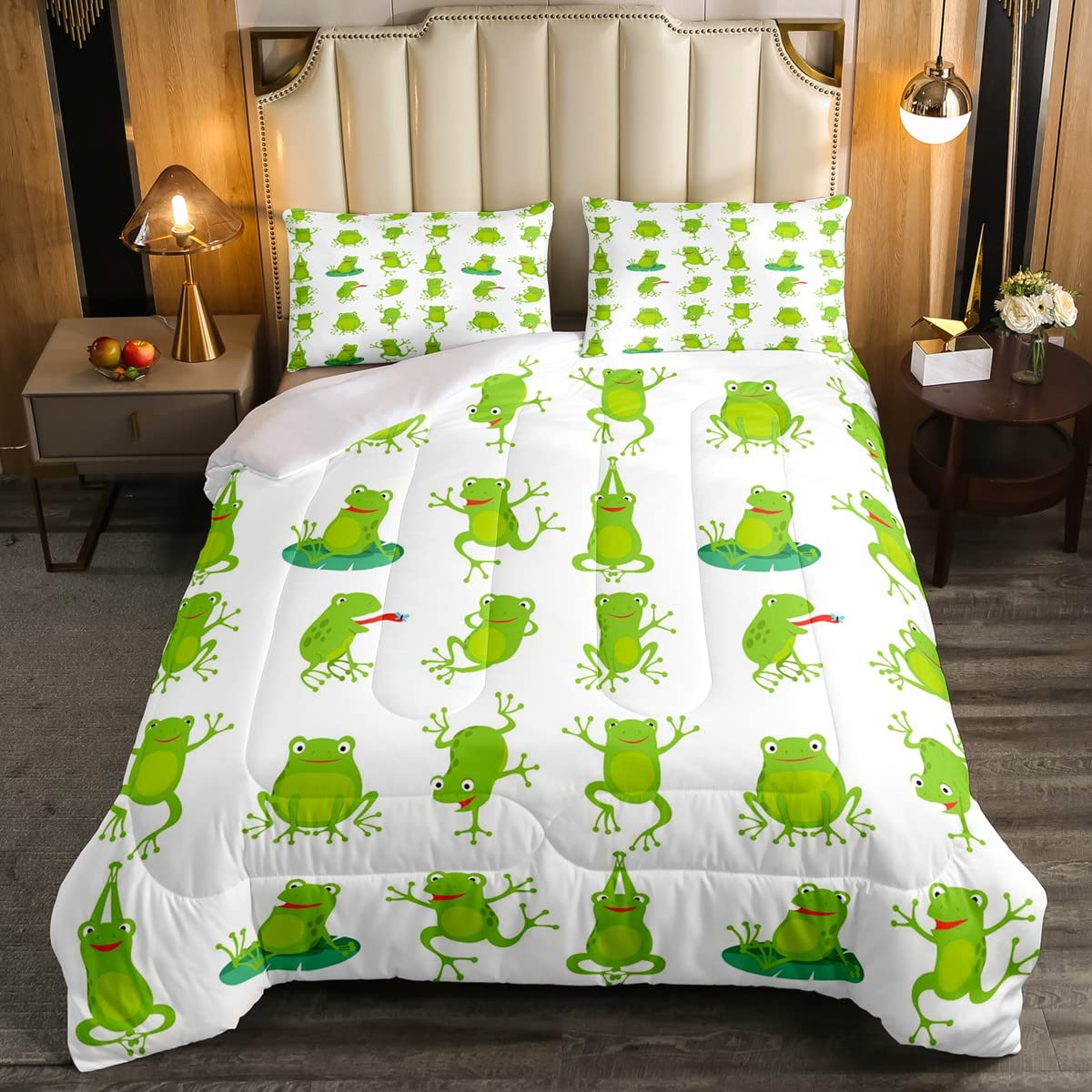 Loussiesd Frog Kids Cute Green Frogs Duvet Set Boys Girls Kawaii Funny Animal Bedding Set Microfiber Nature Duvet Insert Single Size