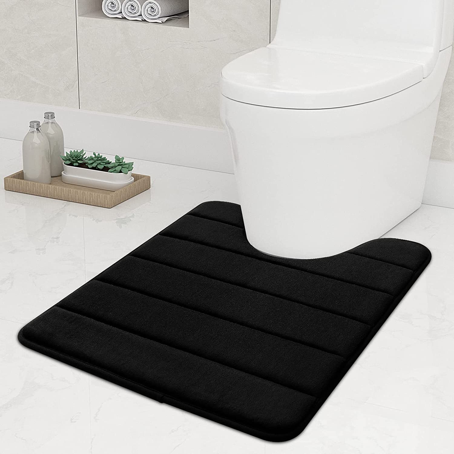 smiry Non-Slip Toilet Mat, Extra Soft U-Shape Pedestal Mat for Toilet, Ultra Absorbent Memory Foam Bathroom Toilet Mat for Floor, Machine-Washable Dry Pedestal Mat Only, 50 x 60 cm, Black