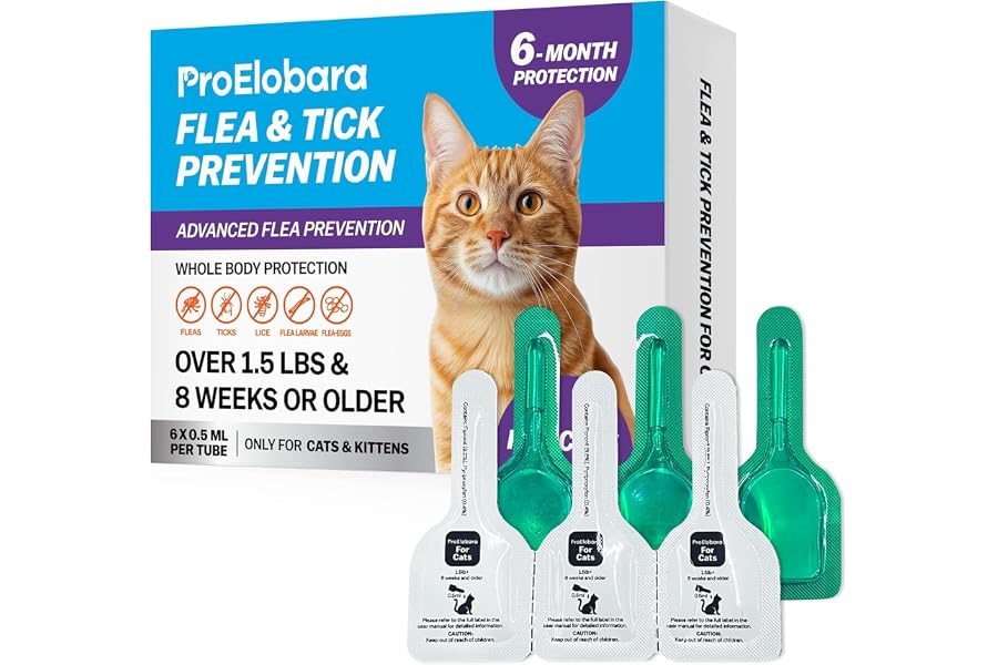 Topical Flea and Tick for Cats & Kittens: Waterproof Topical Cat Flea and Tick – Fast-Acting & Long - Lasting at Home Control for Cats Over 1.5 lbs and 8 Weeks or Older – 6-Dose Supply