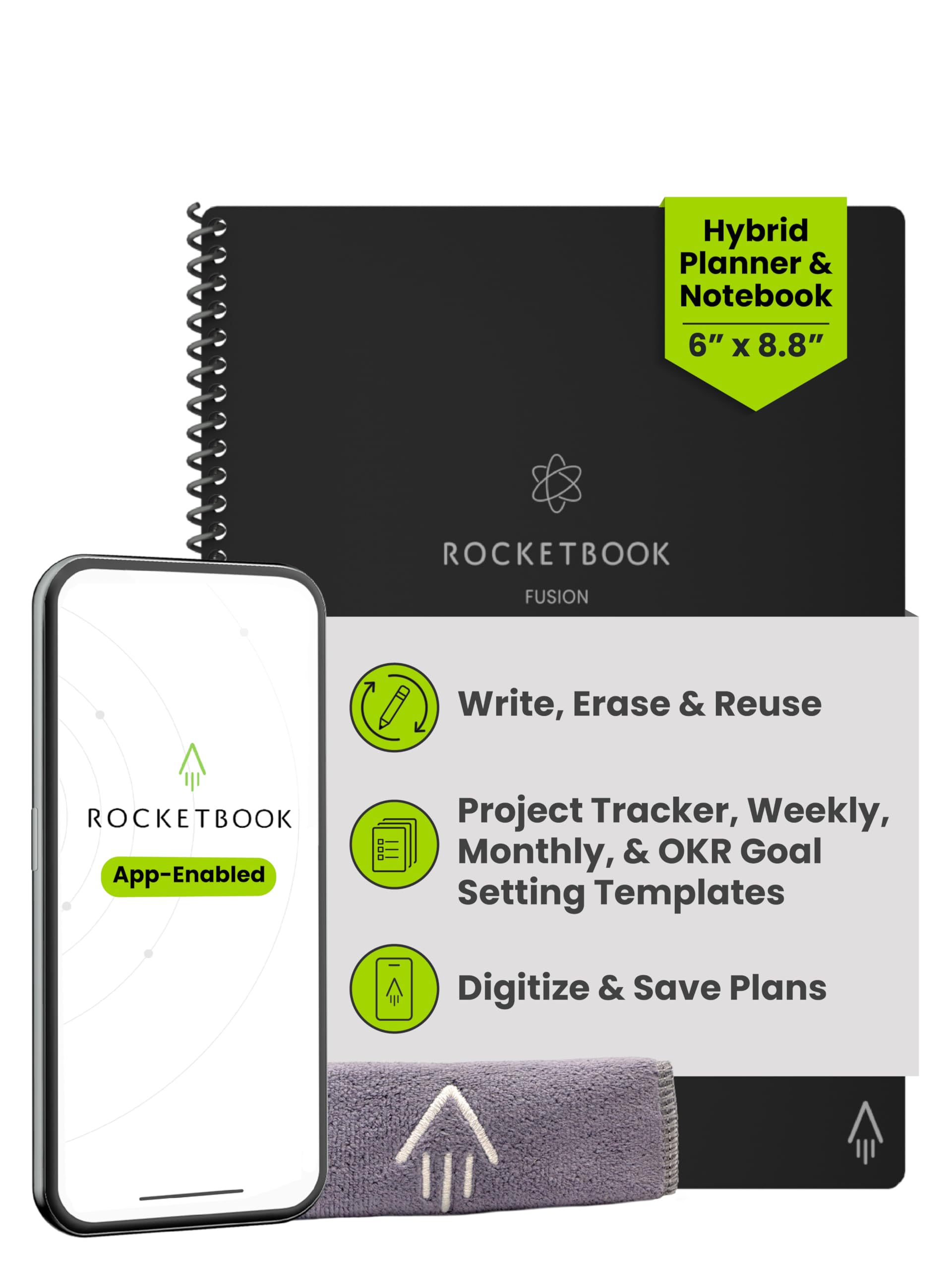 Rocketbook Fusion - Planificador y cuaderno híbrido reutilizable en uno, páginas en blanco adicionales, seguimiento de objetivos y proyectos, planificador sin fecha, tamaño ejecutivo 6 x 8,8, negro (paquete de 1)