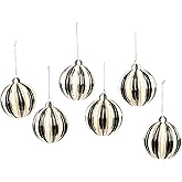 MACKENZIE-CHILDS Set of 6 Glass Ornaments, Christmas Tree Decorations, Black-and-White Courtly Noel Stripe