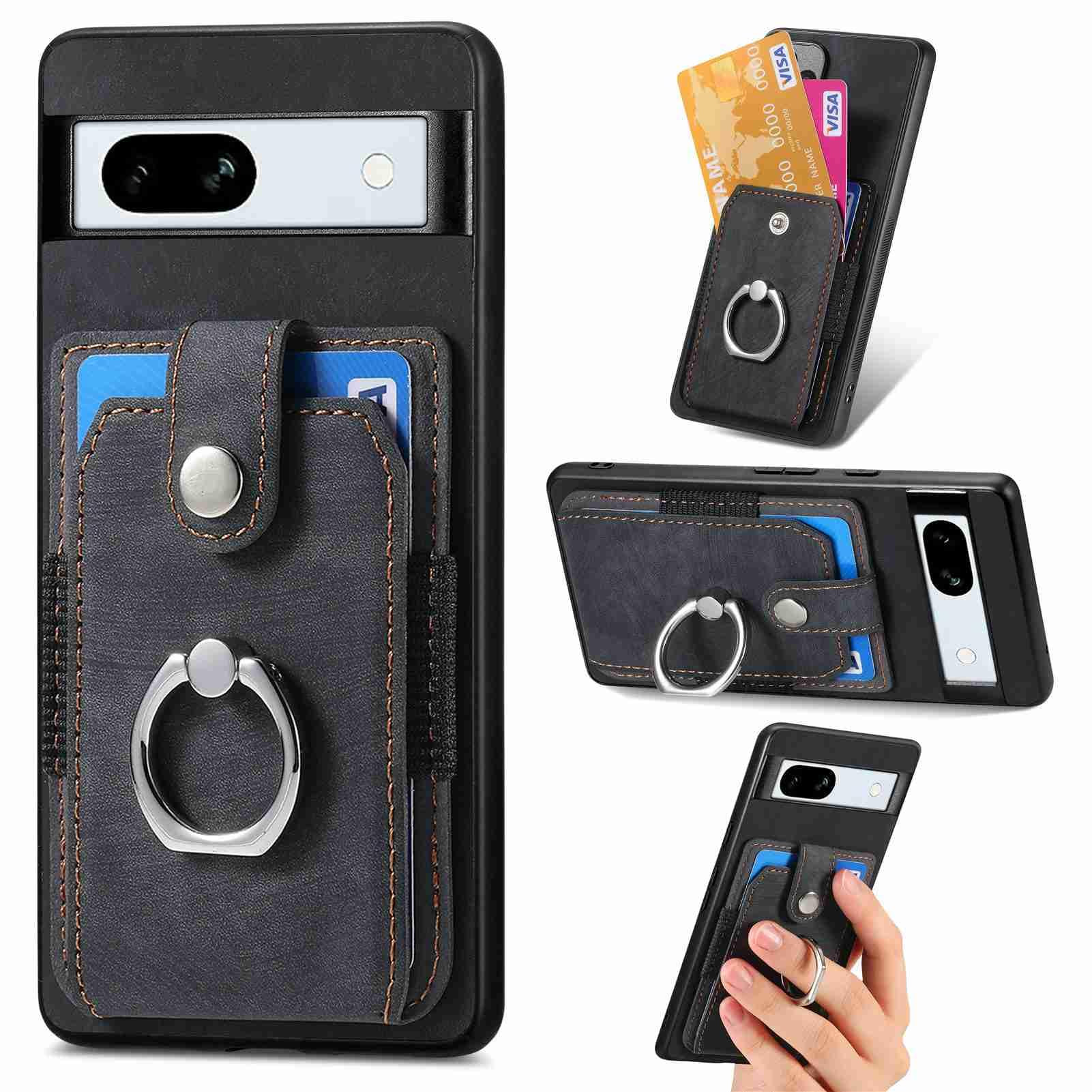 Google Pixel 7A Case Pixel 7A Phone Case Wallet Shockproof Bumper with Ring Holder Card Slots PU Leather Cover Car Mount Kickstand Anti-Drop Shell for Google 7A, Black