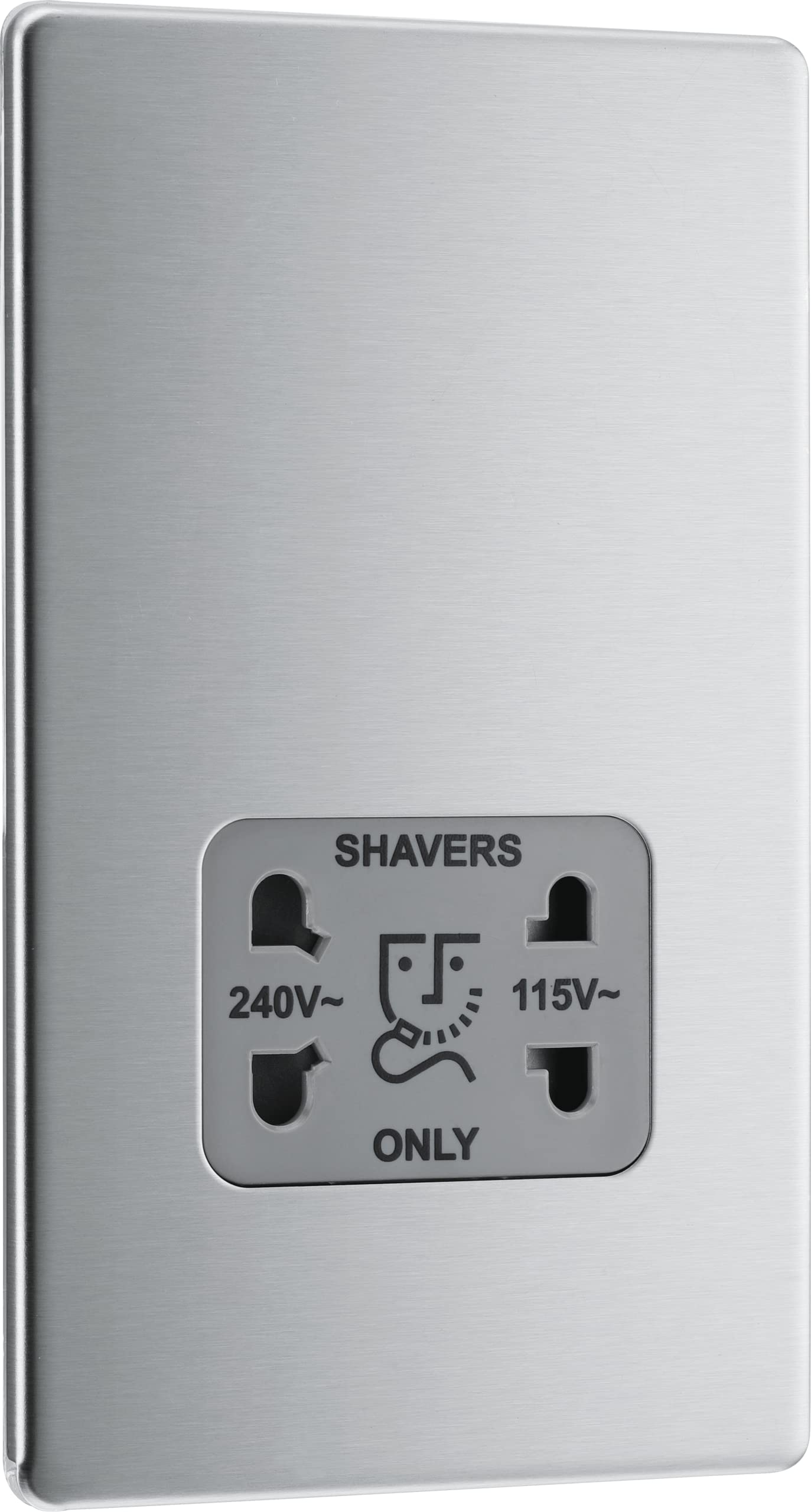 BG Electrical Dual Voltage Shaver Plug Socket, Electric Toothbrush Charger Socket for Bathrooms, Screwless Front Plate, Premium Flatplate, 2-Pin, Brushed Steel, Grey Inserts, 115V / 240V, FBS20G
