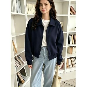 Women's Navy Blue Collared Zip-Up Sweatshirt Jacket Casual Bomber Top