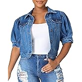 SOMTHRON Women's Cropped Jean Jacket Puff Short Sleeve Button Down Denim Coat Crop Top Outerwear