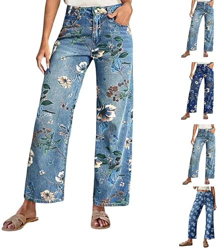 Straight Leg Floral Jeans for Women Print Boyfriend Baggy High