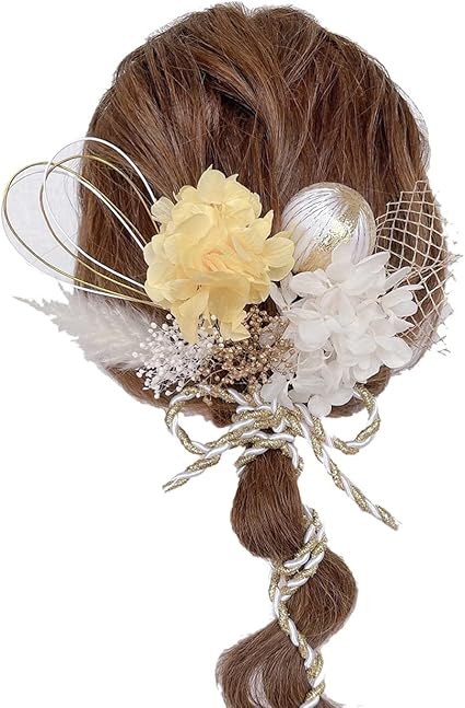 Amazon ドライフラワー と和玉の髪飾り 紐アレンジ ロープアレンジに 成人式 着物 振袖 浴衣 卒業式 和装 袴 結婚式 七五三に 黄色 和装小物 通販