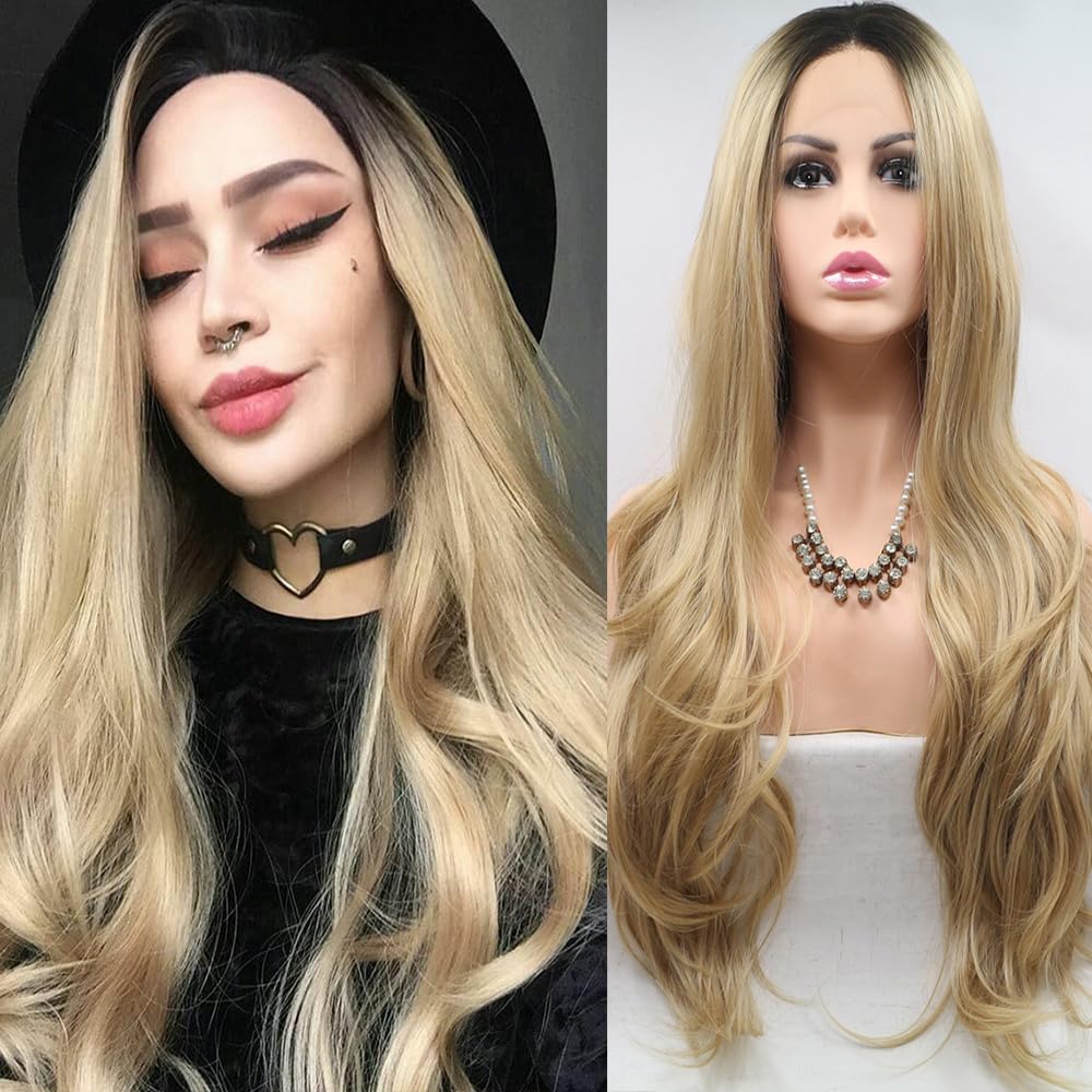 Xiweiya 13x3 Lace Blonde Wigs Long Natural Wavy Ombre Blonde Synthetic Lace Front Wigs with Dark Roots Side Part Hair Replacement Wig for Women, Drag Queen Makeup 24inch