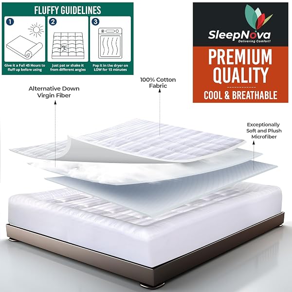 SLEEPNOVA’S COOLING MATTRESS TOPPER FULL – 100% COTTON PILLOW TOP THAT KEEPS YOU COOL, RELIEVES BACK PAIN & ADDS CLOUD-LIKE COMFORT WITH DEEP POCKET FIT (8”-21”), SOFT & MACHINE WASHABLE