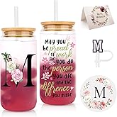 WINOWIMO Initial Glass Cups with Lids and Straws, Personalized Gifts for Women, Iced Coffee Cup Glass Tumbler, Birthday Bridesmaid Proposal Inspirational Customized Gifts for Her Girls (M)