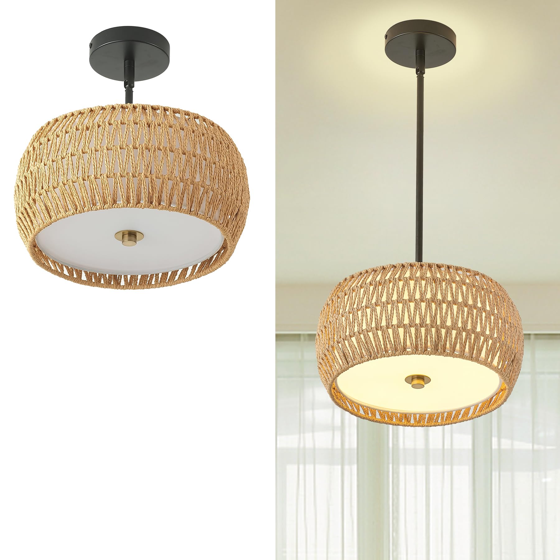 Photo 1 of YOPININNT Rattan Pendant Light Kitchen Island,12.8" Hand-woven Modern Semi Flush Mount Ceiling Light Fixture,Boho Woven Lamp Shade Chandelier,Adjustable Farmhouse Hanging Light for Bedroom Bar Hallway