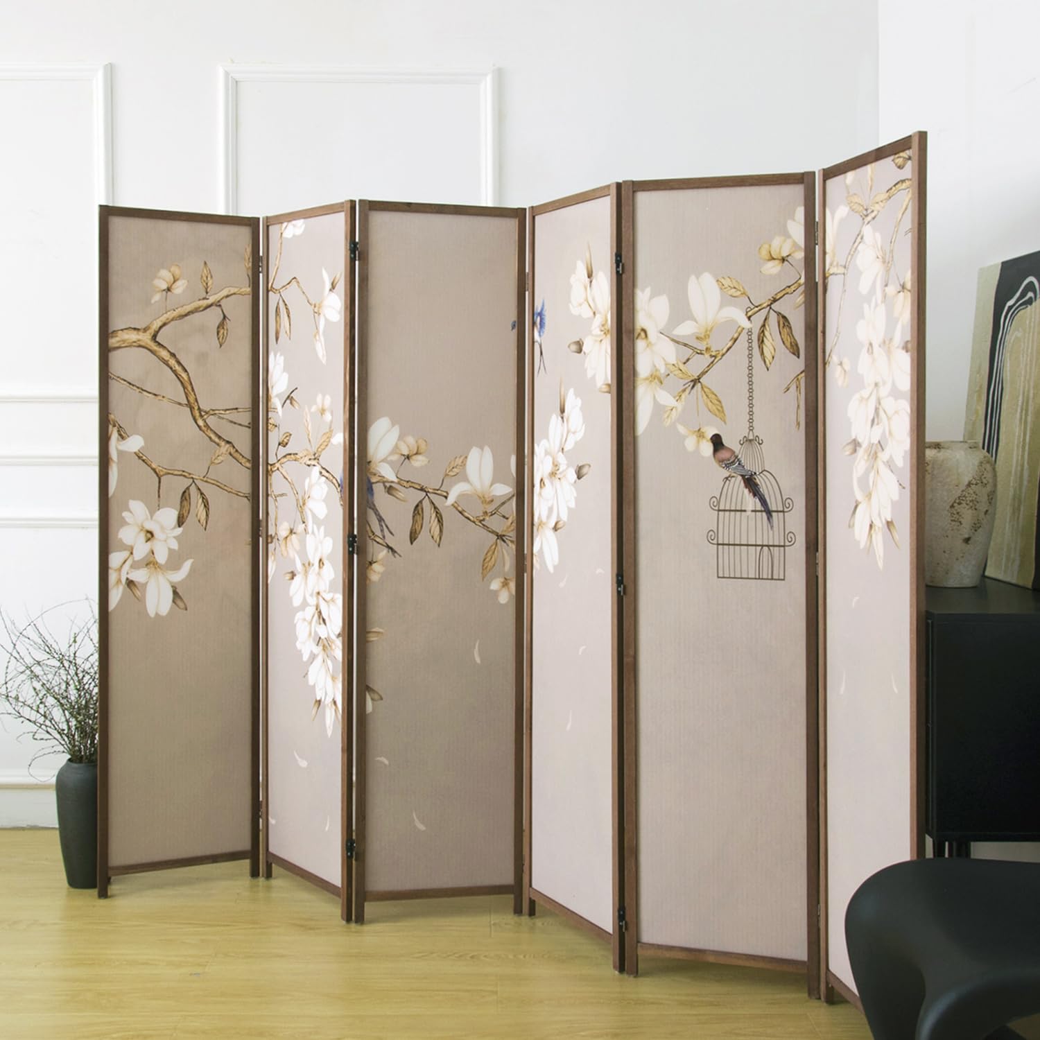 Photo 1 of Pawlabay 6 Panel Room Divider, 5.6 ft Tall Blackout Folding Privacy Screen - Freestanding Partition Wall with Double-Sided Patterns, Graceful Floral and Bird Artwork for Home Office (67" H x 94.5" W)
