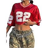 WDIRARA Women's Jersey Shirts Number Graphic Short Sleeve V Neck Tee Loose Crop Top