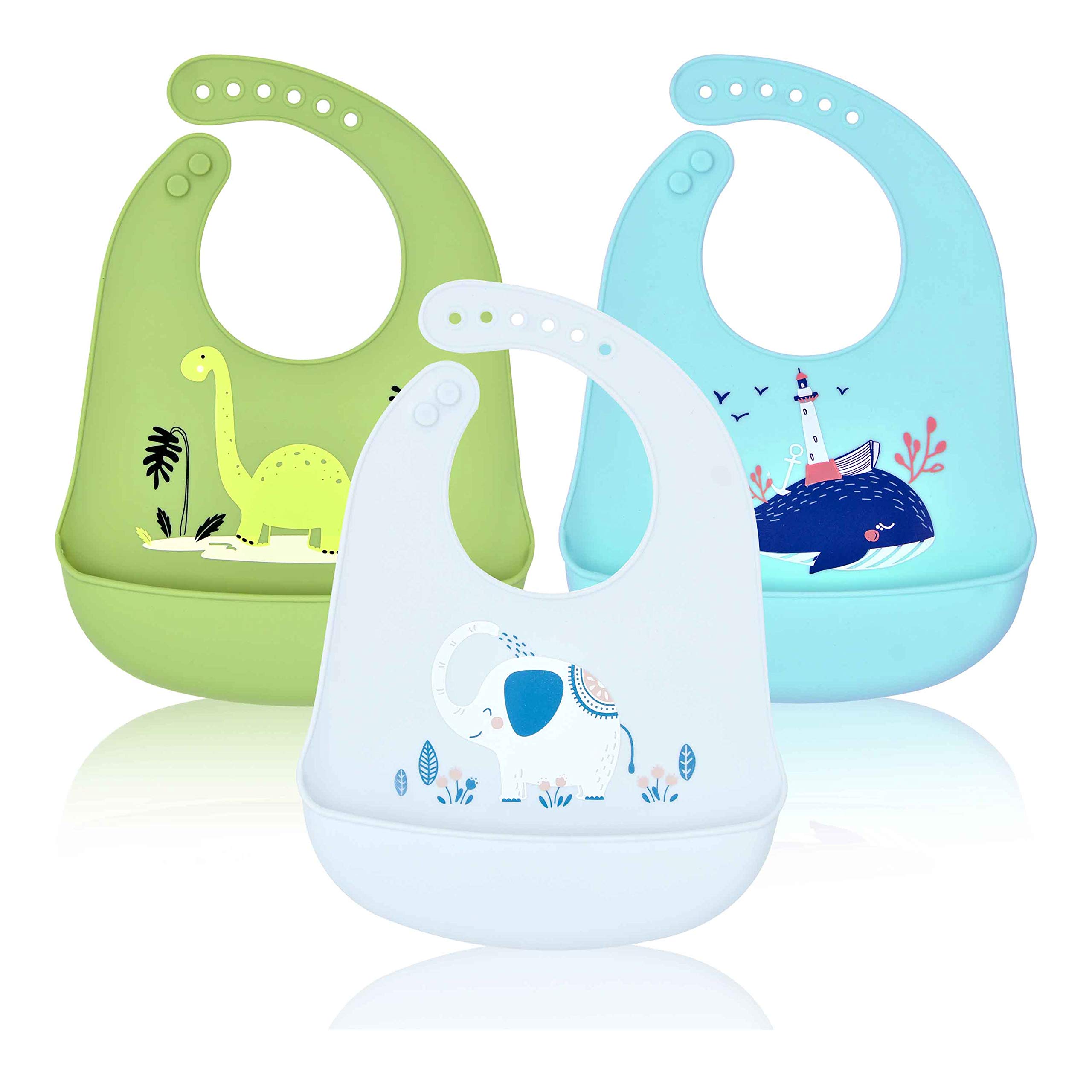 Baogaier Baby Bibs Silicone Toddler Weaning Bib Set of 3 PCS Waterproof Feeding Bib Food Crumb Catcher Pocket for Babies Easy Clean Soft Animal Print Roll Up 6 Months Up Kids Boys Green Blue Grey