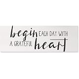 Begin Each Day With A Grateful Heart Wood Sign - Farmhouse Decor, 21.65" X 4.72" Heart Shape, White