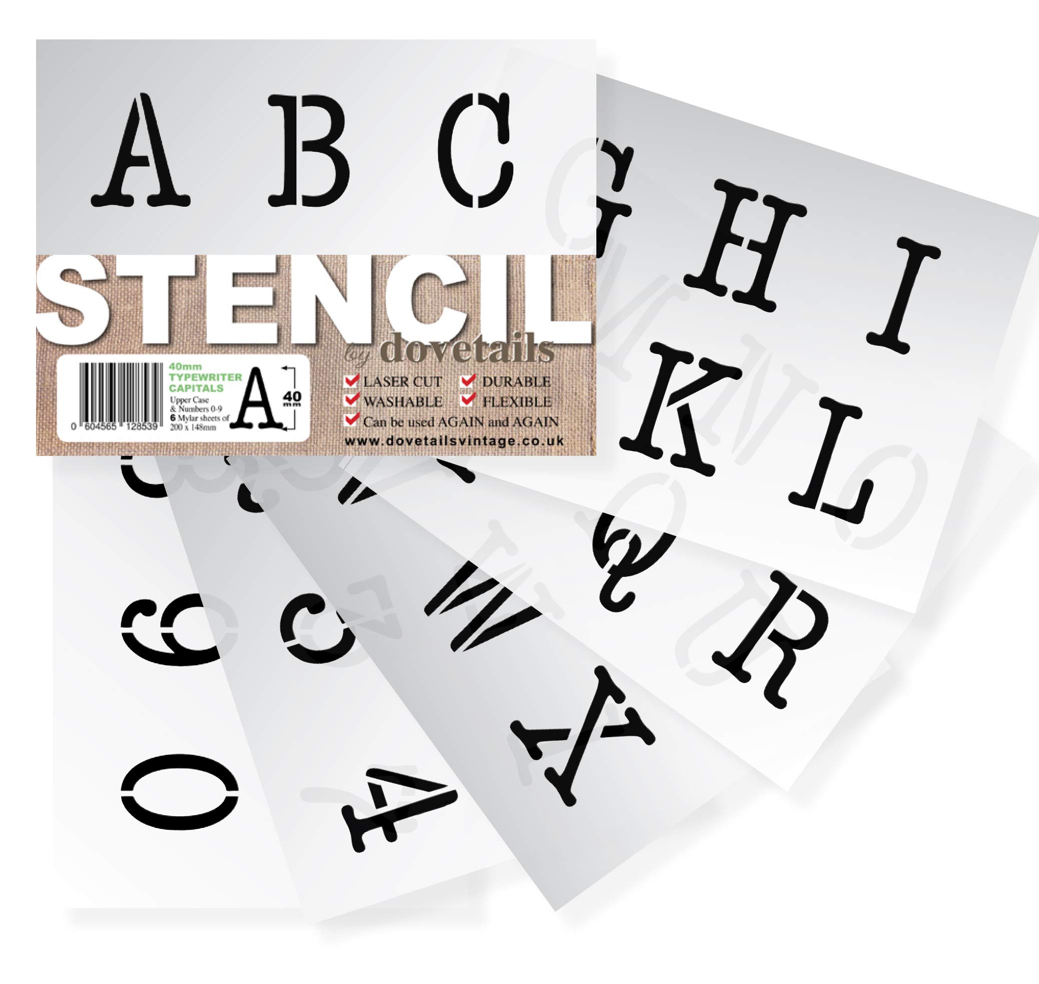 Dovetails Vintage LETTER STENCILS 40mm tall (1.57”) TYPEWRITER STYLE CAPITAL LETTERS Reusable