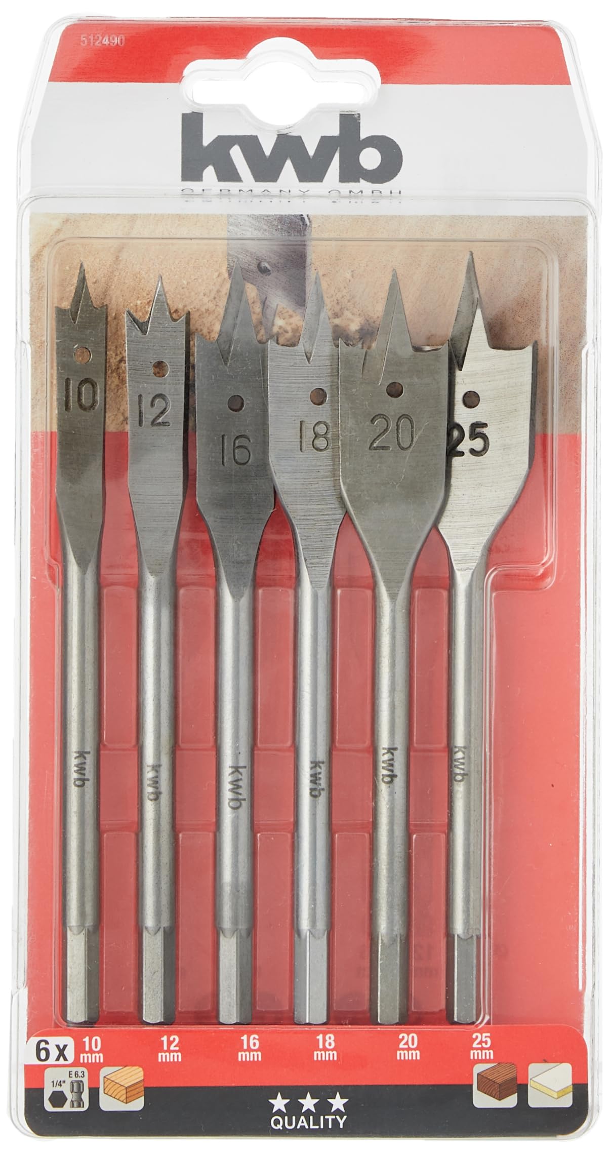 kwb 512490 Flat milling Set, 6-Piece Flat Drill Set for Wood 10, 12, 16, 18, 20 and 25 mm
