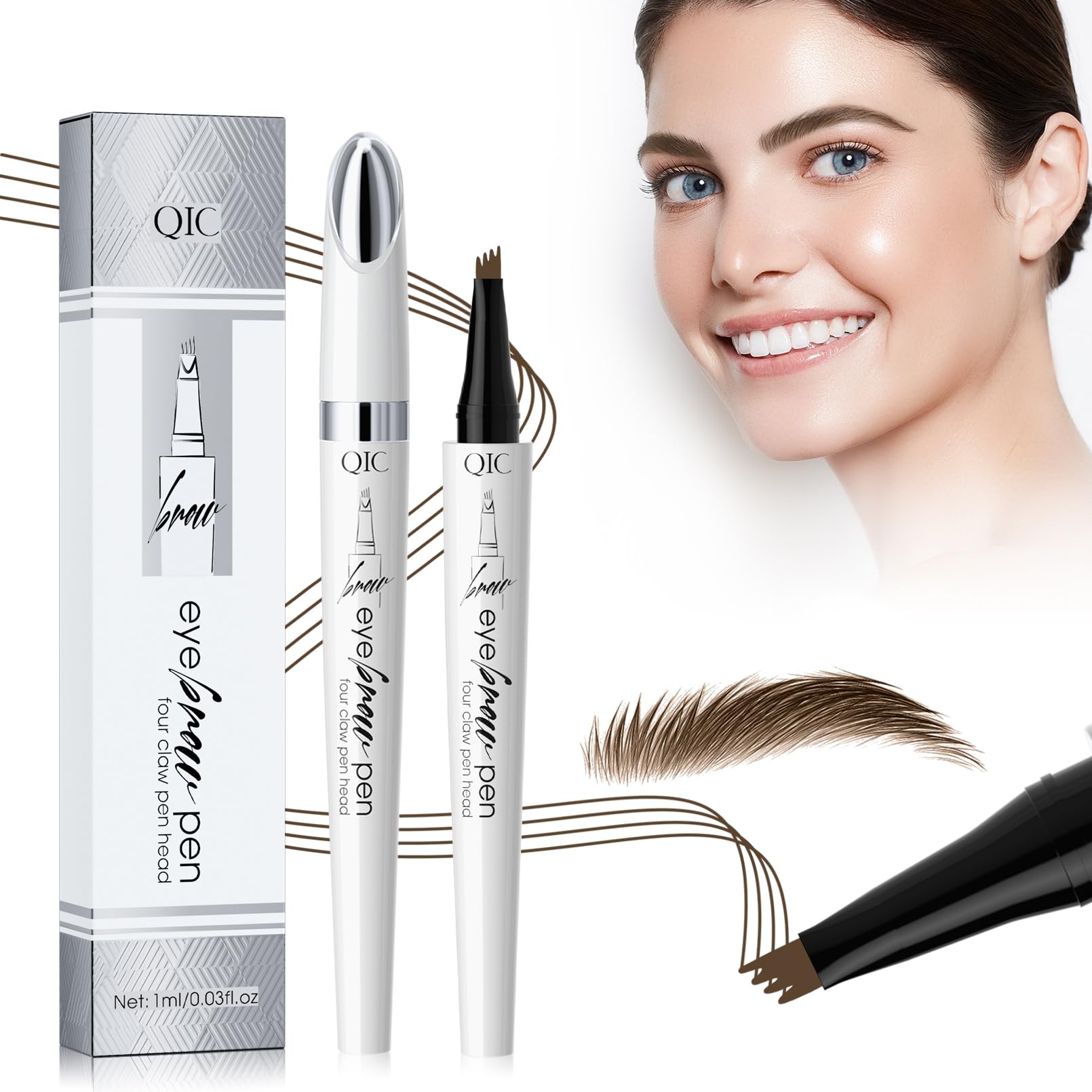 Magic Eyebrow Pencil with 4 Micro-Fork Tip Long-lasting Waterproof Eyebrow Pen and Smudgeproof Brow Pen,Creates Natural Looking Defined Eyebrows(Light Brown)