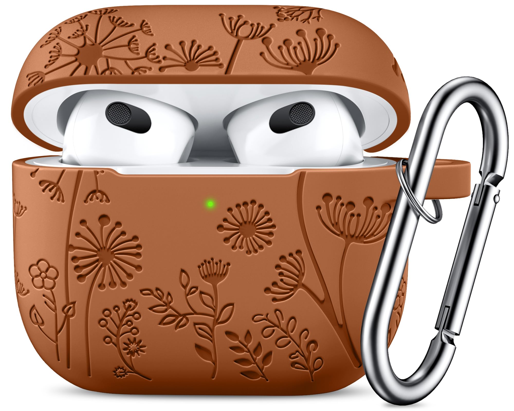 Photo 1 of Lerobo Brown Flower Engraved Case for AirPods 3rd Generation, Silicone Cover with Keychain, Full Protection, Front LED Visible
